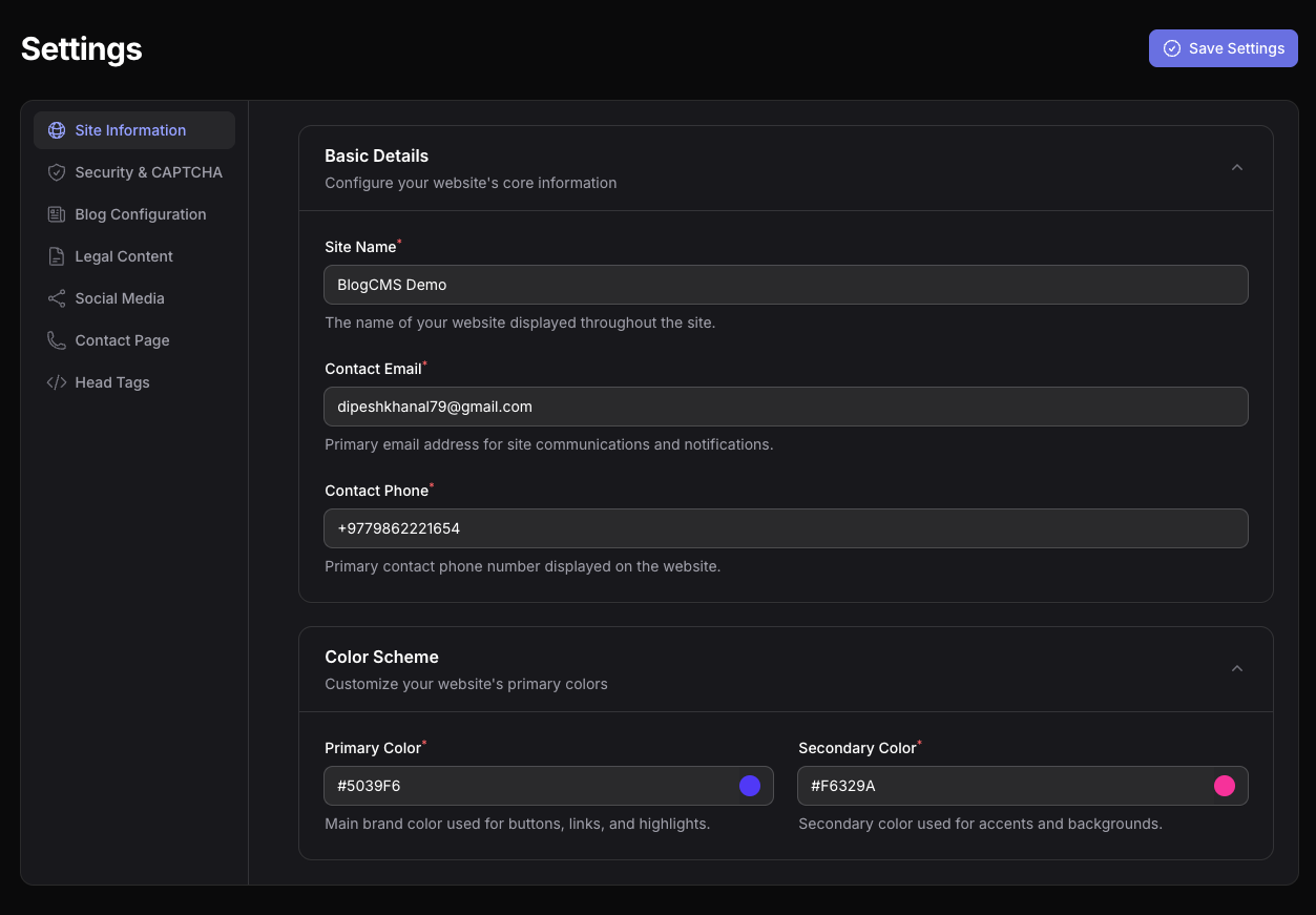 Site Settings Dashboard